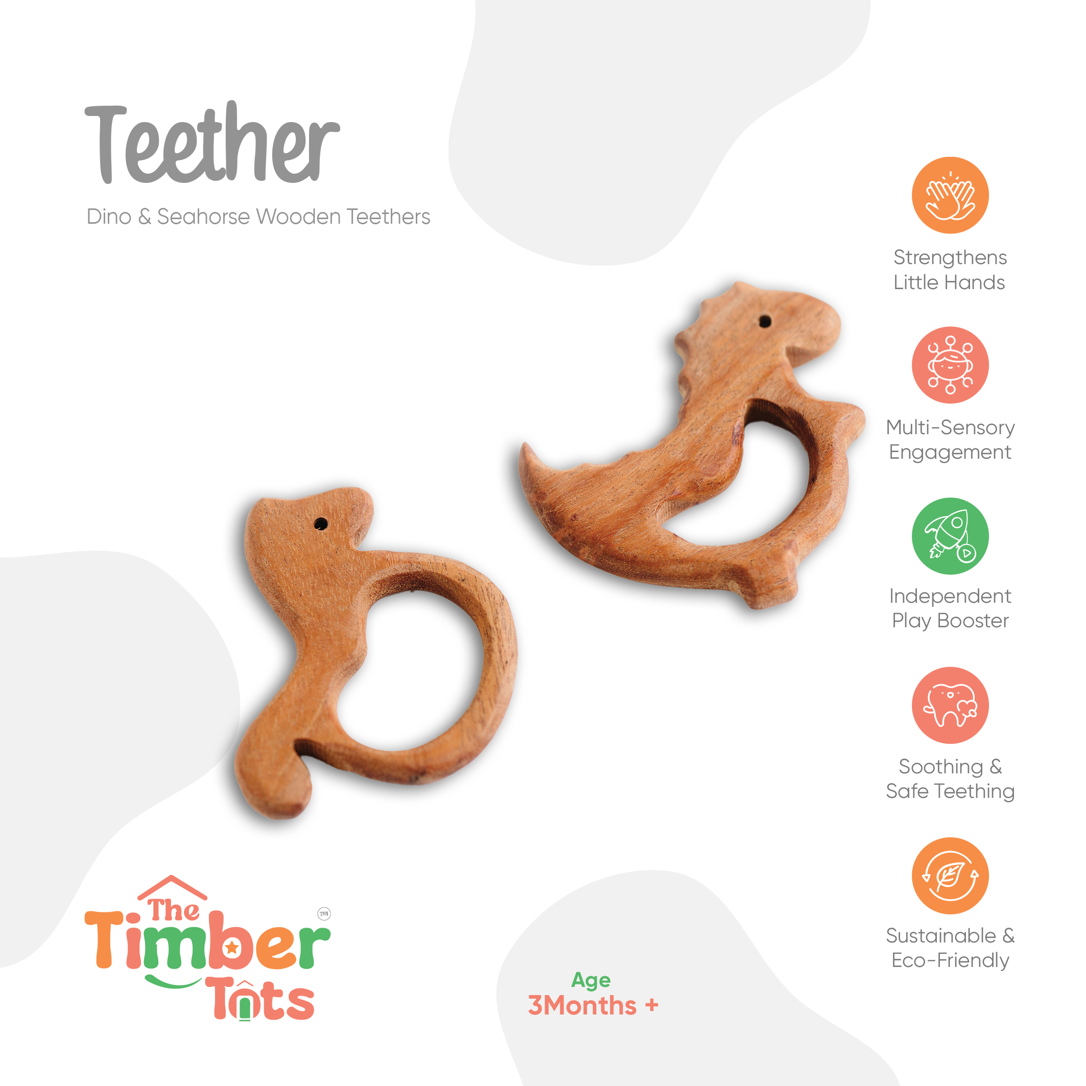 Dino & Seahorse Wooden Teethers-Pack of 2